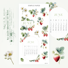 June calendar sticker sheet, watercolor strawberries, delicate blossoms, soft greens for planner dashboards or monthly spreads
