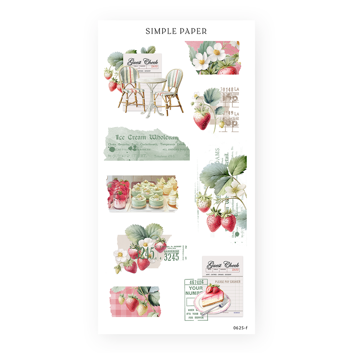 Strawberry desserts, café chairs, green guest checks, layered floral accents