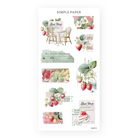 Strawberry desserts, café chairs, green guest checks, layered floral accents