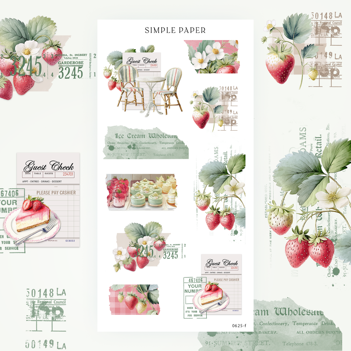 Vintage-inspired sticker designs with strawberries, bakery signs, pastel labels, and delicate floral embellishments—great for scrapbooks and layering