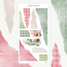 Torn-edge washi paper stickers in gingham, linen, and vintage print textures—soft strawberry tones for layering in journals and scrapbooks
