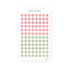 Strawberry pink and green calendar dot stickers, numbered and blank, for monthly layouts and habit tracking.