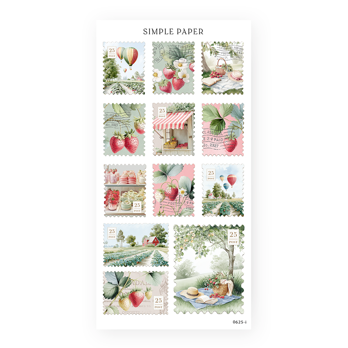 Postage-style stickers featuring strawberries, picnic scenes, hot air balloons, and summer market illustrations—ideal for layering and storytelling.
