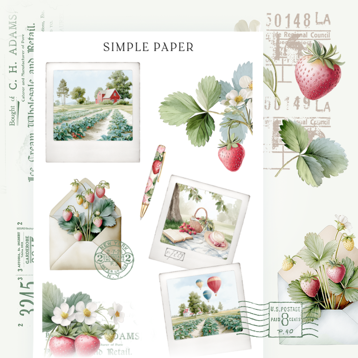 Strawberry field snapshots, envelope ephemera, hot air balloons, and floral clusters—vintage-inspired stickers for storytelling spreads and creative journaling
