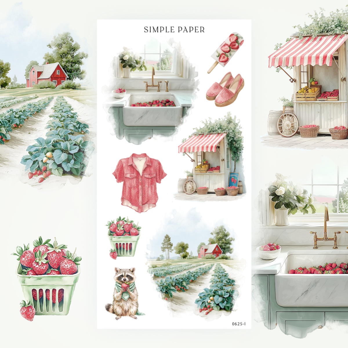 Rural summer illustrations including strawberry stalls, red farmhouses, berry baskets, and cozy countryside accents—storytelling stickers for planners