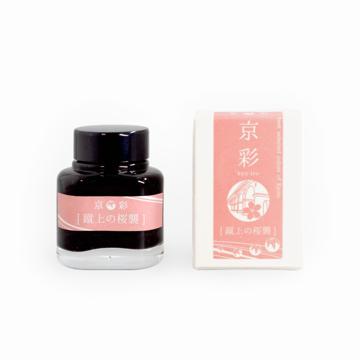 Tag Stationery Kyo-iro Ink Cherry Blossoms In Keage, bottle with its box on a white background
