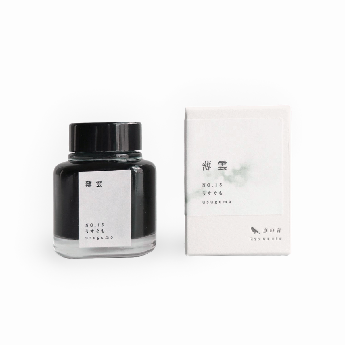 Tag Stationery Kyo No Oto Ink No. 15 Usugumo, bottle with its box on a white background