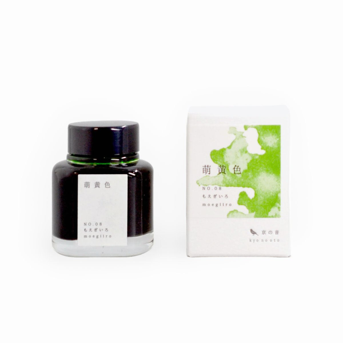 Tag Stationery Kyo No Oto Ink No. 8 Sprout Green Moegiiro, bottle with its box on a white background