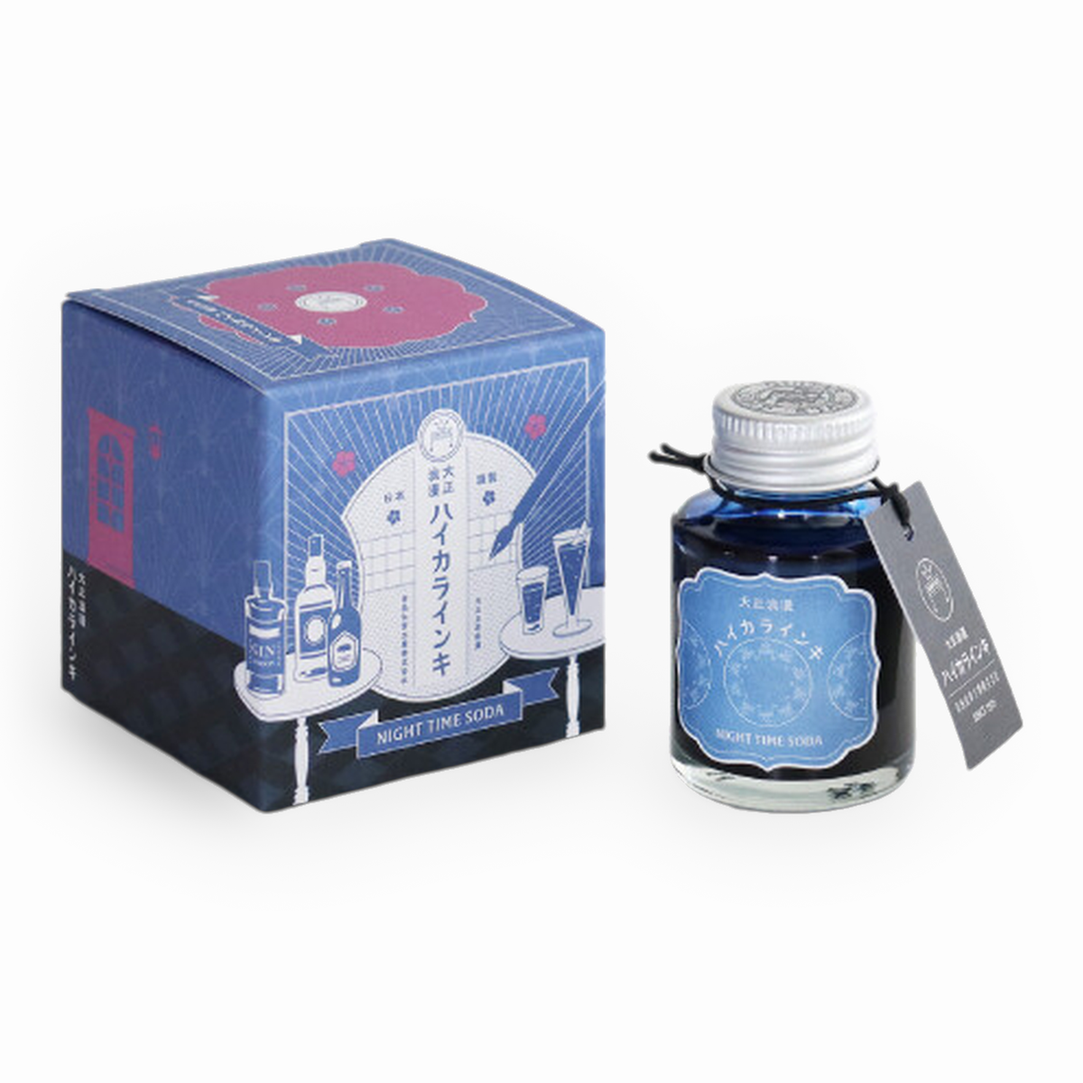 Teranishi Guitar Taisho Roman Haikara Night Time Soda Ink, bottle with its box on a white background