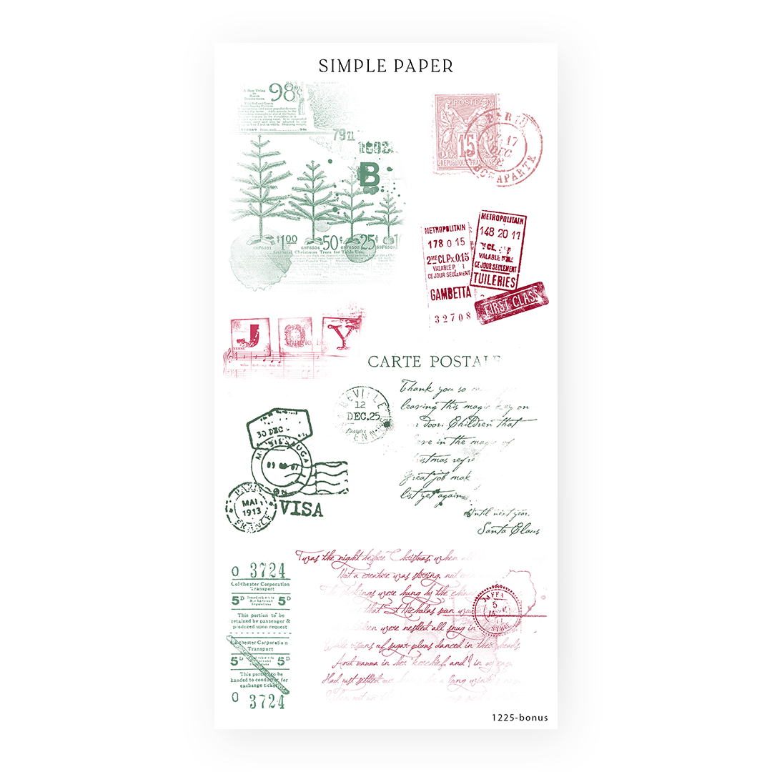 Vintage postal ephemera stickers with faded stamps, travel tickets and script postcard text, Bonus Sheet