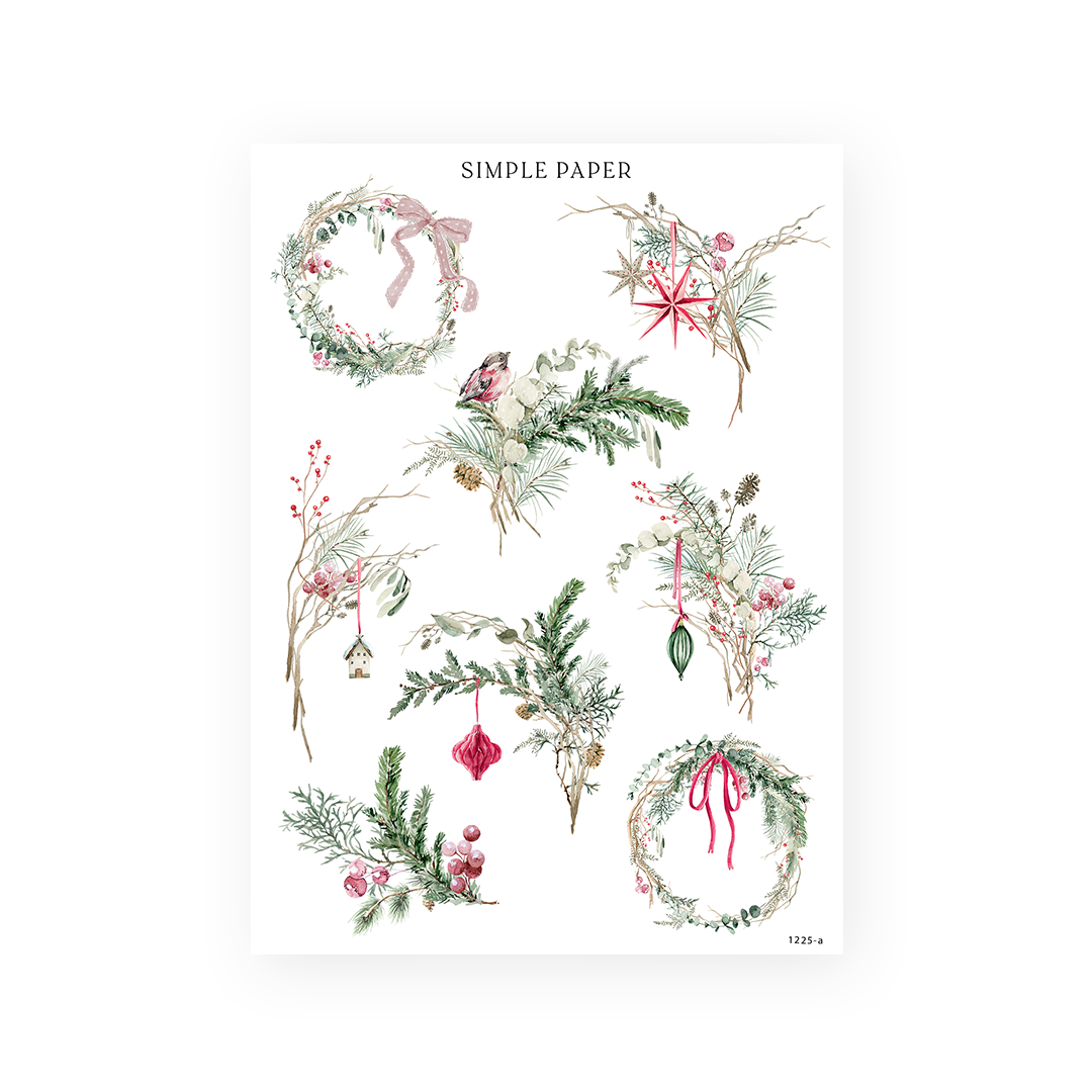 Winter wreath stickers with ribbon bows, a red songbird, a star ornament and berry sprigs, Sheet A
