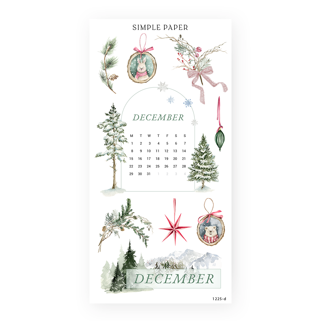 December calendar stickers with snowy pine trees, wood-slice ornaments and a star charm, Sheet D