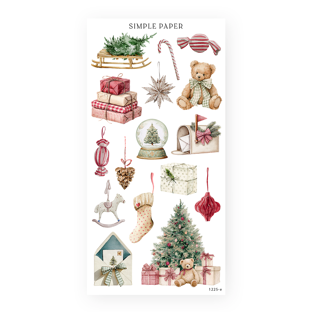 Christmas stickers with a sled, candy canes, a teddy bear, gift stacks, a snow globe and a stocking, Sheet E