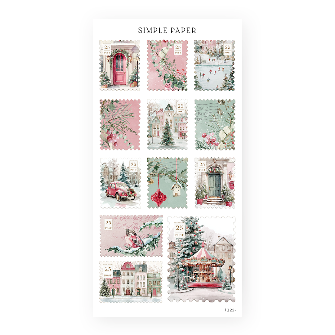 Postage stamp stickers with a wreathed door, a skating pond, a snowy town and a carousel, Sheet I