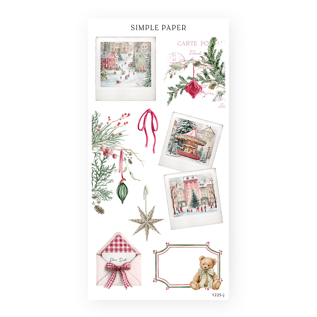 'Tis The Season holiday snapshots, ornaments, greenery, a bow and a teddy bear for journaling