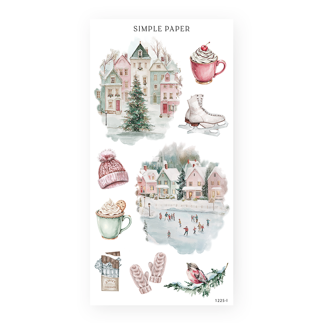Winter village stickers with an ice skate, pom hat, cocoa mugs, a skating pond and mittens, Sheet L