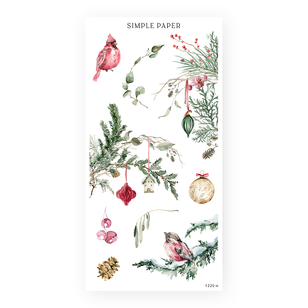 Winter stickers with a red cardinal, pine branches, berries, a house ornament and a gold bauble, Sheet N