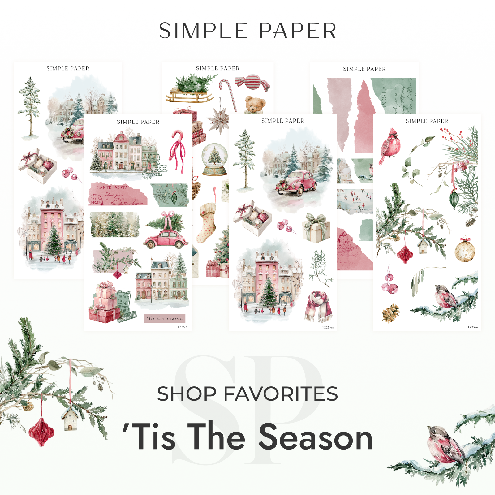’Tis The Season – Shop Favorites bundle stickers with winter village scenes, gifts, torn paper textures, botanicals, and festive illustrations for journaling
