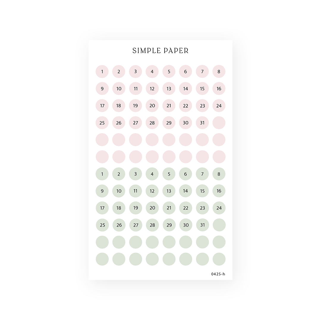 Tulip Memoirs Sheet H – date dot stickers in blush pink and sage green for planners and bullet journals
