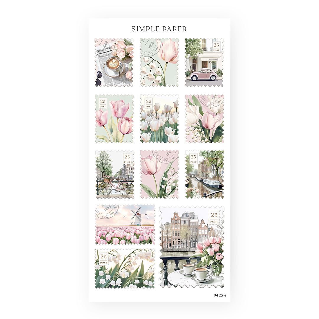 Tulip Memoirs Sheet I – vintage-style postage stamp stickers with tulips, cafés, and spring scenery