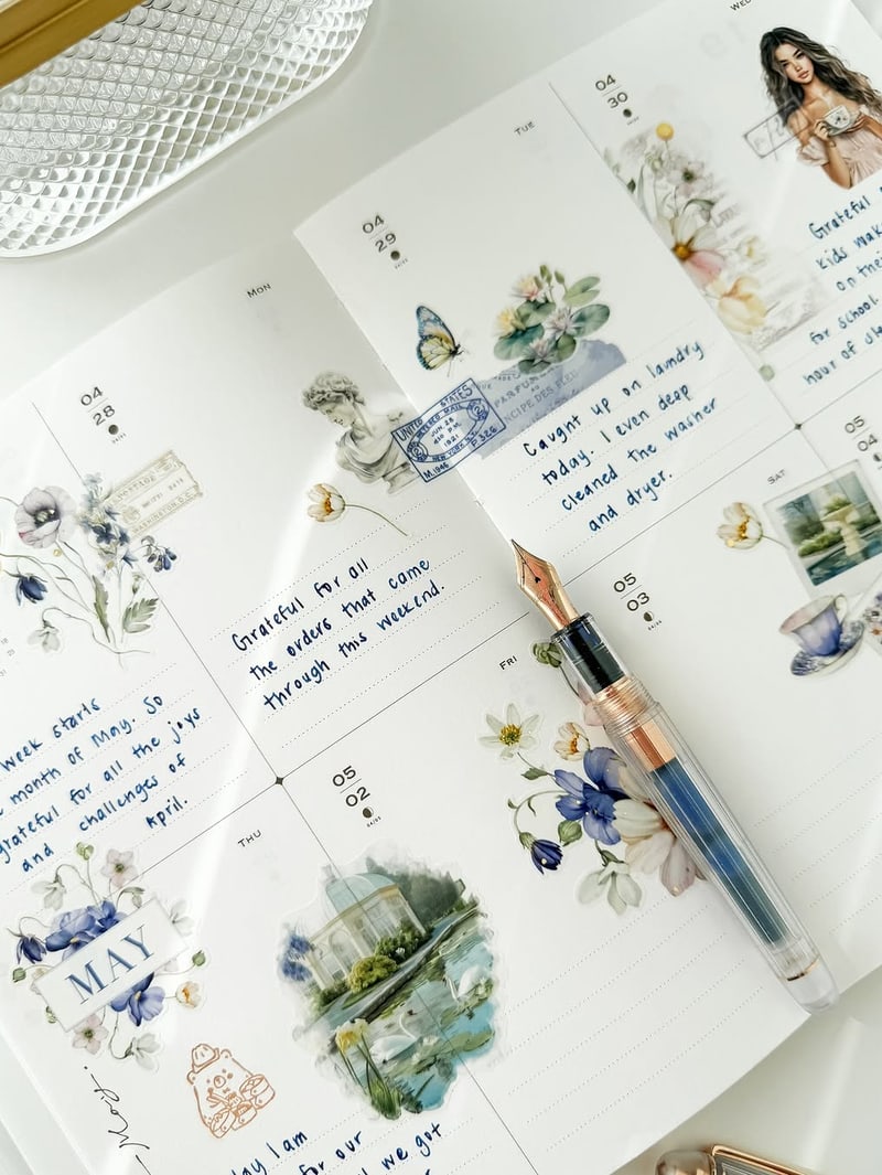 An open OURS journal spread with Garden Stories floral washi