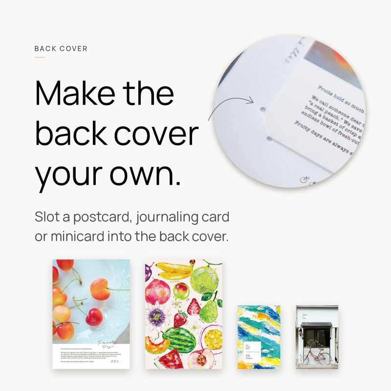 OURS Studio 2027 Research Project Journal back cover slot: a postcard, journaling card or minicard slots into the back cover, with a close-up of a card corner held by the punched dots. Photos: OURS Studio