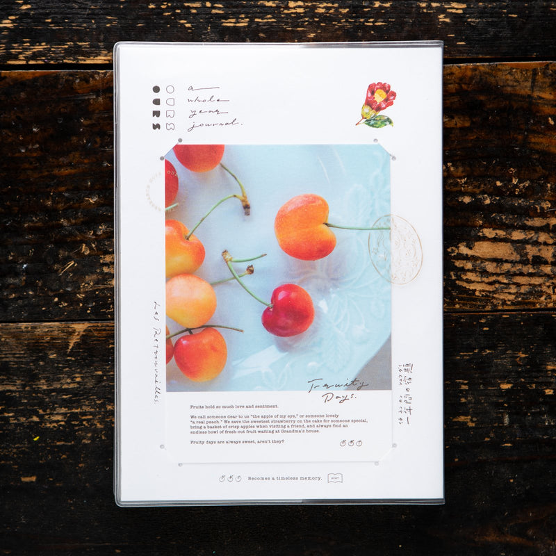 OURS Studio 2027 journal, The Reunion, with the cherry postcard in its cover slot. Photo: OURS Studio