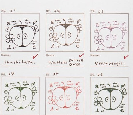 OURS Studio's ink pad test page: nine stamps with a check or warning beside each. Photo: OURS Studio