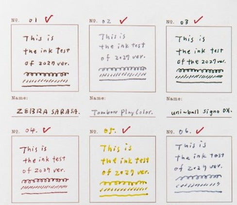 OURS Studio's pen test page: nine pens, eight checks and a warning for uni EMOTT. Photo: OURS Studio